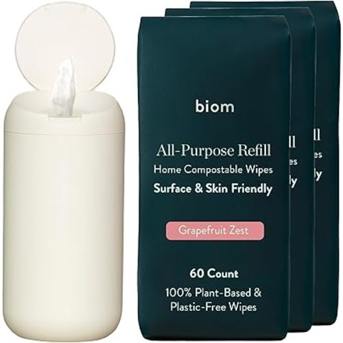 Biom Dispenser + All-Purpose Wipes Starter Kit - Non-Toxic Cleaning Wipes | Biodegradable Plant-Based Surface Cleaner for Home & Travel | Kid & Pet Friendly, All Natural (White)