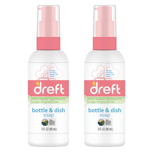 Dreft Bottle and Dish Soap | Made to Clean Baby Bottles, Sippy Cups, Pacifiers, Breast Pumps, & More | Gently Removes Milk Film & Odors | Plant Based, Fragrance Free Dish Soap | 3 Fl Oz (Pack of 2)