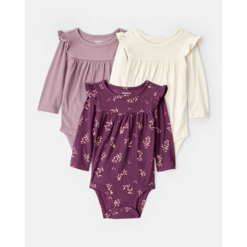 Baby Girl 3-Pack Long-Sleeve Multipack Bodysuits - White/Purple | Carter's
