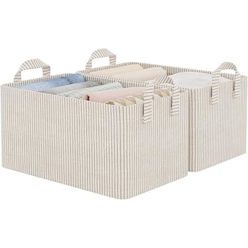 StorageWorks Storage Bins, Fabric Storage Bins for Shelves, Storage Baskets with Metal Frame, Closet Baskets and Bins with Handles, Khaki and Beige Stripes, 2-Pack