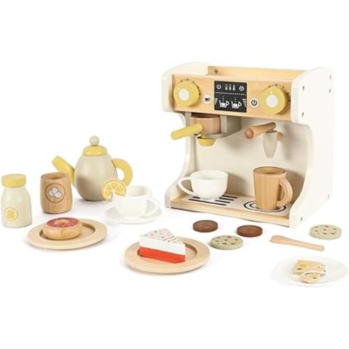 Freniland Wooden Coffee Maker Playset for Toddlers, Deluxe Pretend Espresso Machine with Accessories, Montessori Kitchen Toy for Kids Ages 3Y+