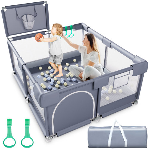 TEAYINGDE Baby Playpen, Play Yard, Baby Playards, 50"x50" Infant Travel Fence with Basket, Gray