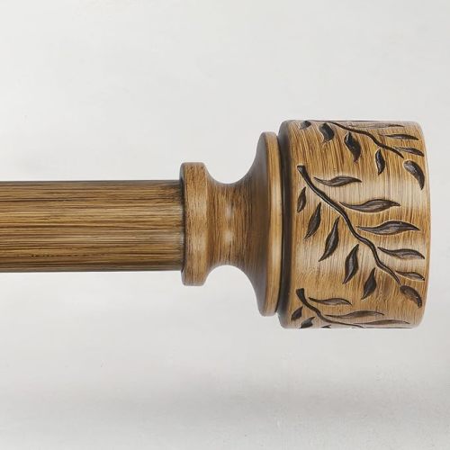Boho Wood Curtain Rods for Windows 48 to 84 Inch, 1" Adjustable Heavy Duty Curtain Rod with Imitation Wooden Grain Leaf Pattern Finials, Rustic Decorative Drapery Rods, Size 32"-90", Dark Wood