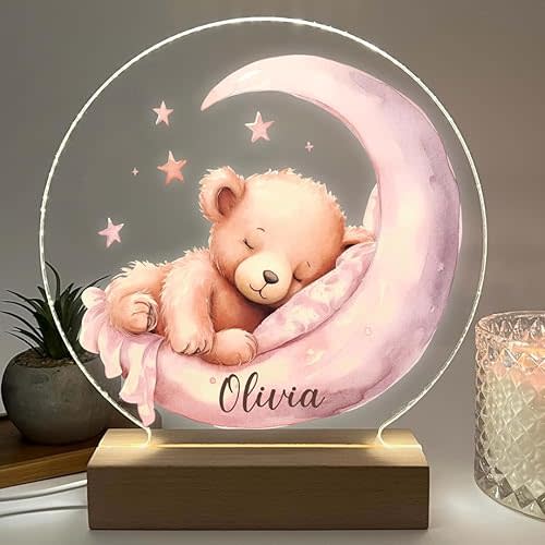 Teddy Bear Pink Moon & Stars Night Light for Kids Room, Nursery Light, Personalized Light up, Girls Night Light, Gift for Kids, New Baby Gift. Made in CT., USA.