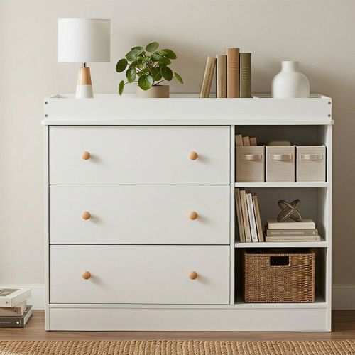 Garvee Wooden Baby Changing Table with Drawers and Cabinet, Nursery Diaper Changing Station Storage Shelves for Infant Newborn Toddler, Baby, White