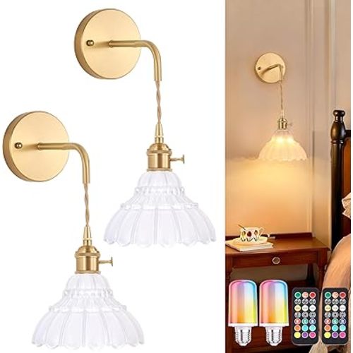 Shenmoyl Vintage Battery Operated wall sconces Set of 2, Wall Lamps with White Lily of the Shade Pattern Glass, Adjustable Chain Wall Lights, sconces wall Decor for Stairway Living Room Doorway