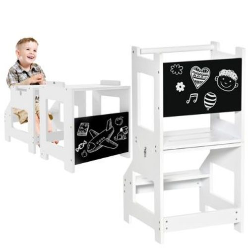 Qaba 2-in-1 Kids Kitchen Step Stool, Detachable Toddler Table and Chair Set, Toddler Step Stool with Safety Rail Chalkboard for Kitchen, White