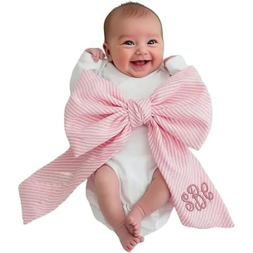 Personalized Newborn Swaddle Sash Custom Embroidered Maternity Bow Embroidery Monogram Newborn Seersucker Swaddle for Baby Photography Prop (Style 1)
