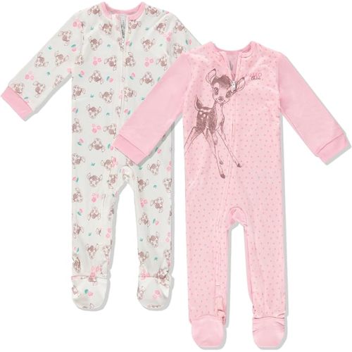 Disney Baby Onesies 2 Pack Zip-Up Sleeper - Winnie The Pooh, Monsters Inc, Dumbo, Bambi - Newborn Girls & Baby Boy's Pajamas