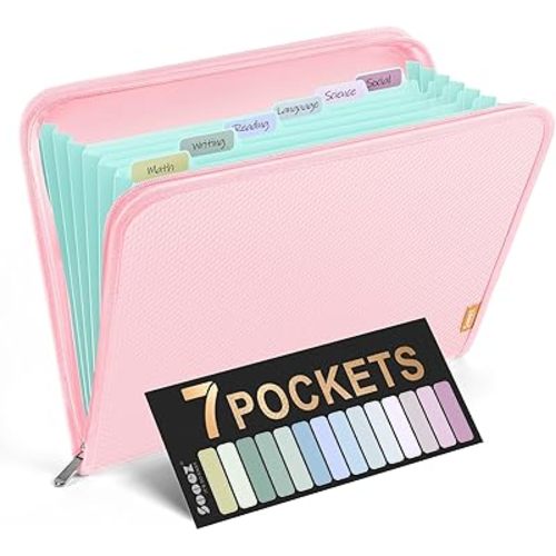 Sooez 7 Pockets Accordion File Organizer, Zipper Expanding File Folder, Heavy Duty Folder Organizer, Sleek Letter Size Accordion Folder, Portable Expandable File Folder for Documents, Pink