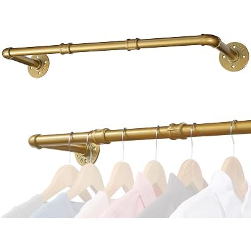 Industrial Pipe Gold Clothing Rack, 30 Inch Wall Mounted Golden Clothes Rack, Industrial Pipe Clothes Hanger Rack, Iron Golden Pipe Clothes Hanging Bar, Heavy Duty Metal Rod for Retail Display Laundry