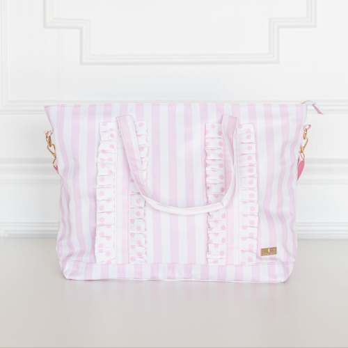 Pink Polka Stripe Ruffled Nylon Tote Bag
