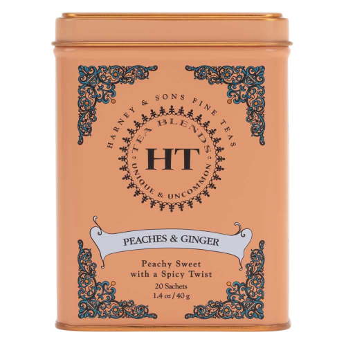 Harney & Sons Peaches & Ginger Black Tea, 20 Sachet Tin, Flavored Caffeinated Tea, Sweet Peach & Spicy Ginger, Hot or Iced Brew