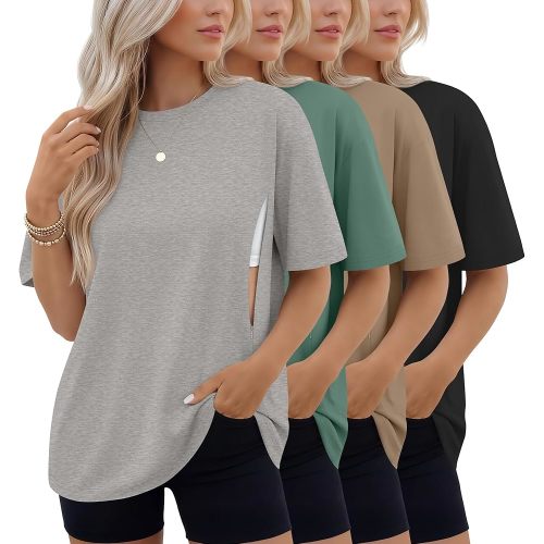 4 Pack Women's Oversized Nursing Breastfeeding Shirts with Hidden Zipper Maternity Short Sleeve Nursing Tees Tops