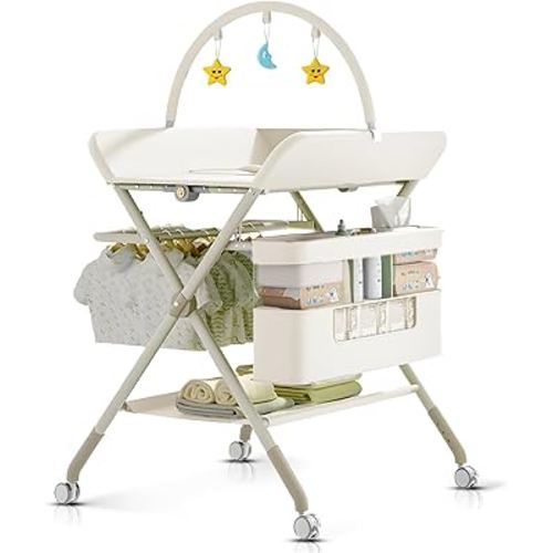 Foldable Portable Changing Table for Baby,Upgraded Style Baby Portable Diaper Changing Station with Wheels,Nursery Five Level Adjustable Height Changing Table with Organizer Storage(Beige)