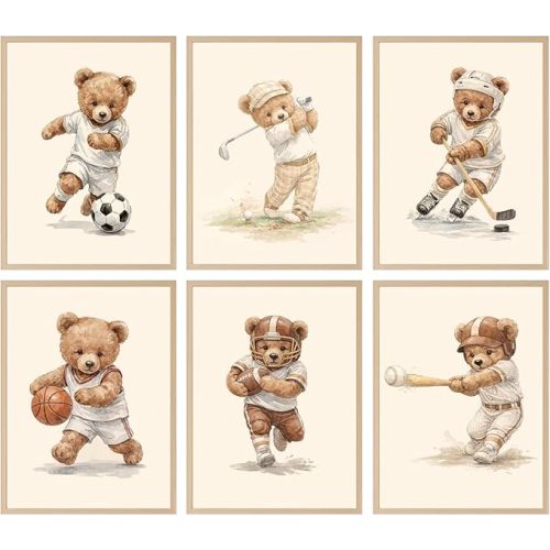 PZDSSMQO 6Pcs Teddy Bear Sports Wall Decor Poster Vintage Nursery Wall Art