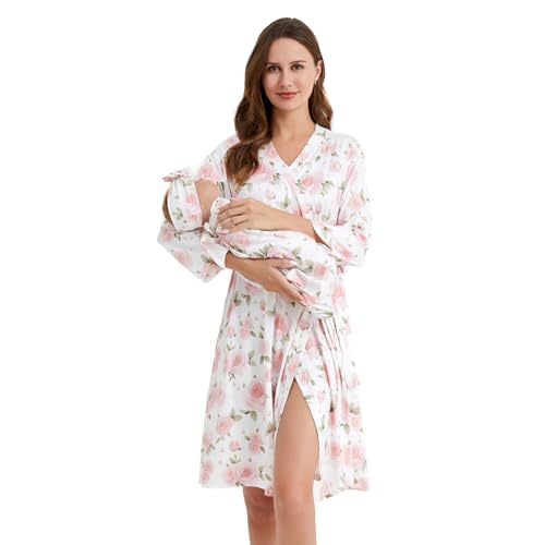 Galabloomer Maternity Robe and Baby Receiving Blanket, Matching Mommy Labor Delivery Robe and Swaddle Set