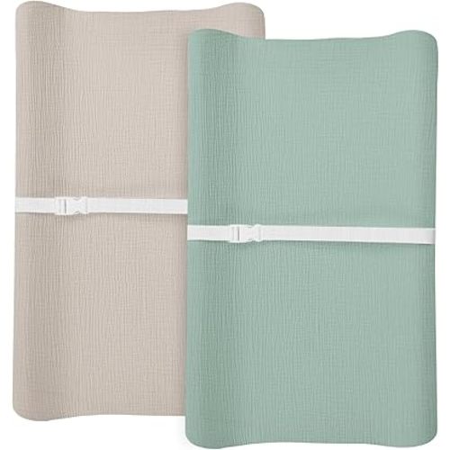 Changing Pad Cover for Baby Boy Girl 2 Pack, Muslin Changing Table Pad Covers with Boho Style, Neutral Nursery Bedding Essentials Soft and Breathable (Beige & Sage)