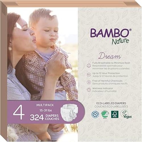 Bambo Nature Hypoallergenic Dream Baby Diapers, Premium Eco-Labeled Sustainable Diapers, Enhanced Leakage Protection, Totally Chlorine-free, Skin Friendly, and Super Absorbent - Size 4 (324 Count)