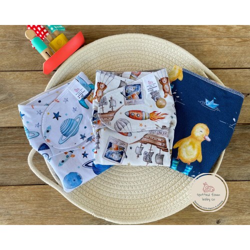Bamboo Organic Stretchy Preflat Space Imagination Ducks | Newborn | One Size | Bamboo Cotton Preflat Cloth Diaper