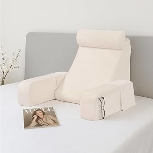 ENITYA 19" Back Pillow for Bed Sitting up, Big Pockets and Washable Removable Cover, Reading Chair for Watching TV/Reading/Gaming/Resting in Bed, Couch or Floor, Medium(Ivory)