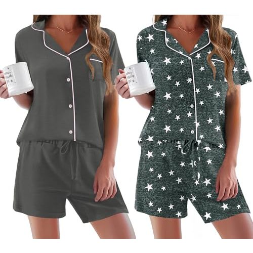 Ekouaer Womens Pajamas Set 2 Pack Button Down Summer Sleepwear Short Sleeve Comfy Pjs Loungewear Set