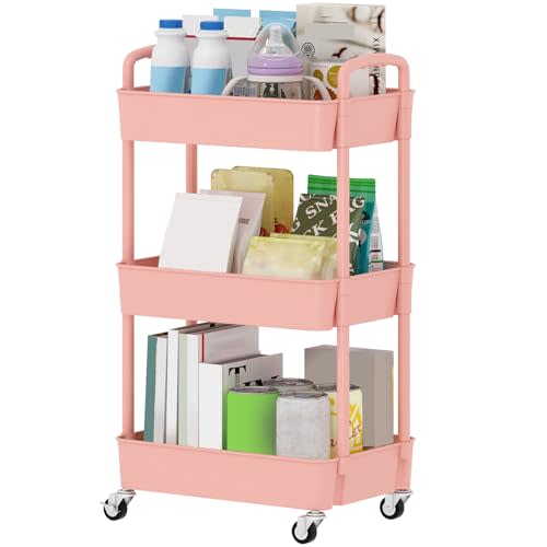 Sywhitta 3-Tier Plastic Rolling Utility Cart with Handle, Multi-Functional Storage Trolley for Office, Living Room, Kitchen, Movable Storage Organizer with Wheels, Pink