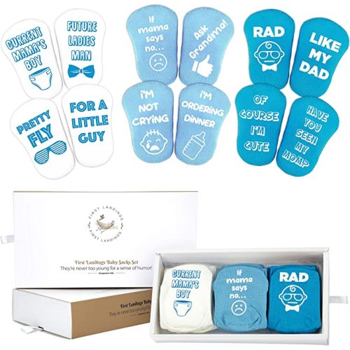 First Landings Baby Socks Gift Set - Adorable Quotes, 6 Pairs and Gift Packaging - Blue