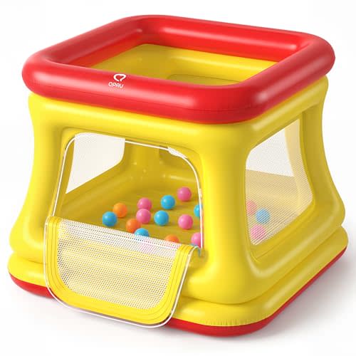 QPAU 3-in-1 Inflatable Bounce House with Pump for Toddlers 1-3 | Ball Pit & Trampoline, Safety Net, Indoor & Outdoor Bubble Bouncer, Red & Yellow