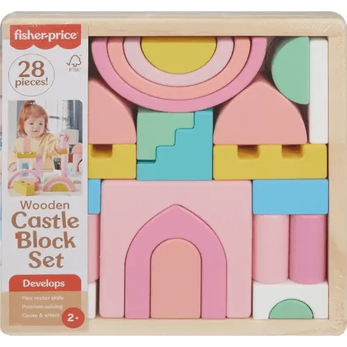 Fisher-Price Wood Toddler Toy Castle Block Set, 28 Wooden Pieces for Stacking Developmental Play Preschool Kids Ages 2+ Years