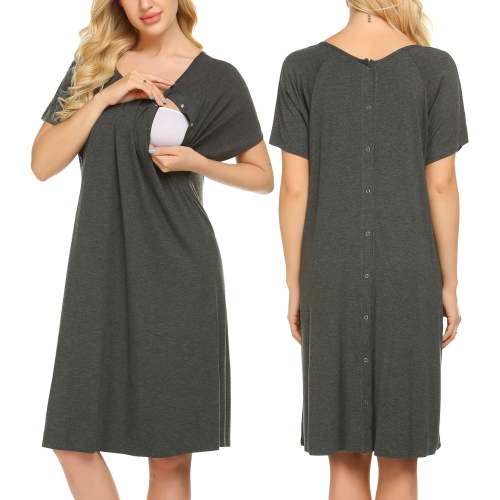 Oudiya Women's Nursing/Delivery/Labor/Hospital Nightgown Short Sleeve Maternity Nightdress with Button, S-XXL