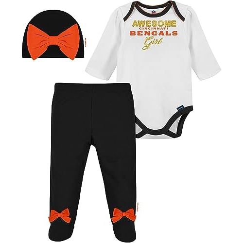 Gerber NFL baby girls 3 Pack Bodysuit Registry Gift Set Footed Pant and Cap