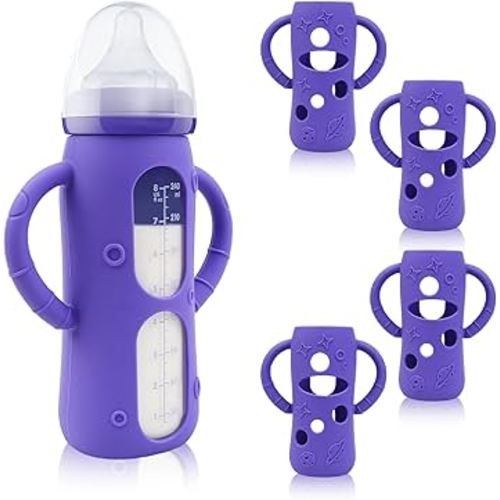 ZCH 4-Pack Silicone Sleeves with Handles for Lansinoh Glass Bottles, BPA-Free Drop-Resistant Baby Bottle Sleeves with Handles, Compatible with Lansinoh Anti-Colic Glass Baby Bottles (8 oz)
