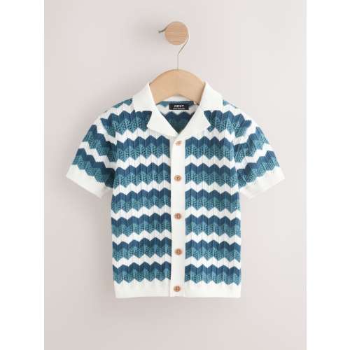 Blue/White Zig Zag Knitted Revere Collar Polo Shirt (3mths-7yrs)