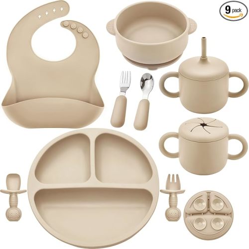 Silicone Baby Feeding Set, Baby Led Weaning Supplies, Eating Essentials Utensils with Suction Plate and Bowl, Pocket Bib, Sippy Cup with Lid, Forks Spoons Snack Container, for 6+ Months, Beige