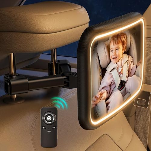 Baby Car Mirror With Light for Baby Rechargeable Baby Mirror for Car Seat Rear Facing Hook Clip Design Car Seat Mirror for Baby Rear Facing Crystal Clear view ShatterProof With Remote Control - Black