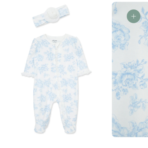 Blue Roses 2-Way-Zip Footed One-Piece And Headband