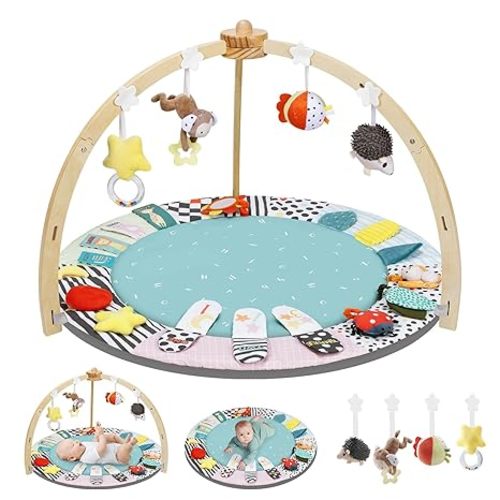 Baby Play Mat Activity Gym,6 Developmental Zones Tummy Time Mat, Foldable Wooden Baby Play Gym with 7 Detachable Sensory Toys for Newborn Brain Development, Essential Baby Shower Set