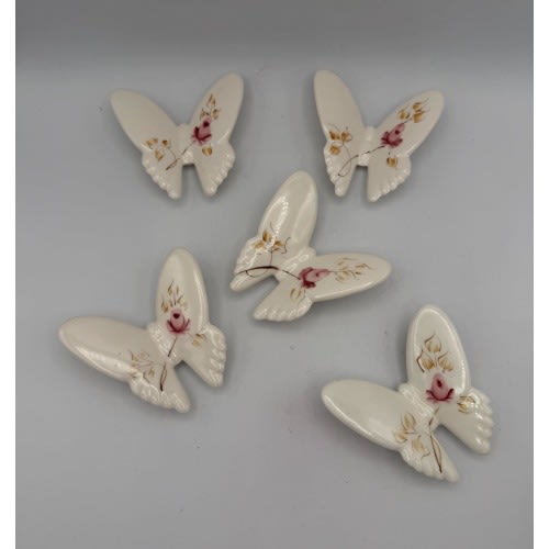 Vintage Porcelain Butterflies Set of 5 - Hand Painted Pink Rose & Gold Floral Wall Hanging Decor - 1970s MCM Cottagecore