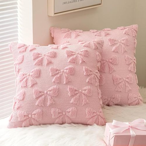 MIULEE Pink Bow Pillow Covers Coquette Room Decor Aesthetic Set of 2 Spring Decorative Cute Girl Soft Plush Faux Pillowcase for Preppy Room Decor Bedroom Couch,18x18 Inch
