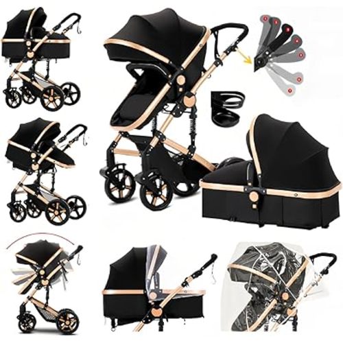 Baby Stroller with Reversible Bassinet, One-Click Folding, Portable Pram Convertible Travel Stroller for Newborns and Toddlers, BlackGold