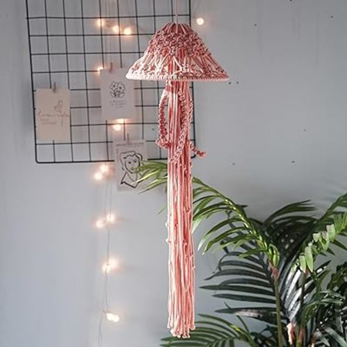 Macrame Wall Hanging,Jellyfish Dream Catcher with Star Lights,Bohemian Woven Wall Art Decor Beautiful Apartment Dorm Room Door Decoration (Pink)