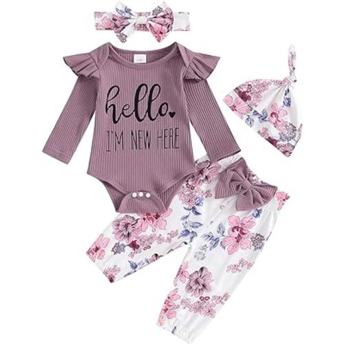 Hello World Newborn Outfit Baby Girl Going Home Outfit Ruffle Ribbed Romper Top Floral Pants Set Cute Summer Clothes