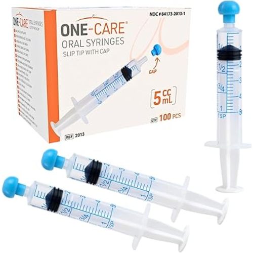 ONE-CARE 5ml Oral Syringe with Cap - Sterile, Individually Wrapped - 100 Syringes, Slip Tip, Uses include oral administration of medicine for infants, adults and animals