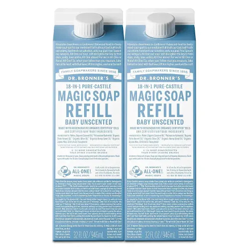 Dr. Bronner's Magic Soap-Pure-Castile Liquid Refill (Baby Unscented, 32 ounce, 2-Pack) - Regenerative Organic Certified Oils, For Body, Hair, Laundry, Pets & Dishes, Concentrated, Vegan, Non-GMO