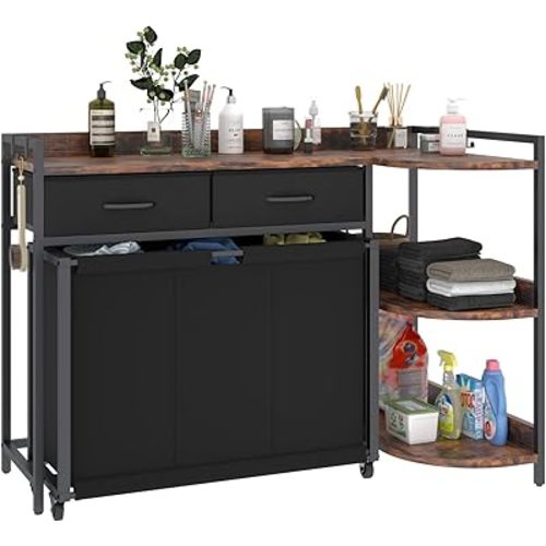 L Shaped Laundry Hamper Laundry Basket with 3 Section Pull-Out Rolling Bags & 3-Tier Storage Shelf, Laundry Sorter for Organization and Storage with 2 Drawers for Laundry Room