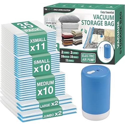 Cozy Essential Travel Vacuum Storage Bags with Rechargeable Cordless USB Pump, Space Saver Bags for Luggage, Suitcase, Carry-On, for Clothes, Blankets, Bedding & Seasonal Storage,35 Combo