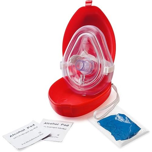 EMS XTRM Medical CPR Mask - CPR Pocket Resuscitator Mask, Oxygen Inlet, Elastic Head Strap, Clamshell Case, Antiseptic Prep Pads, and Gloves - Suitable for Adults/Child - 1 Pack