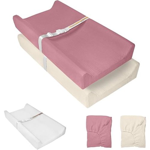 Muslin Baby Changing Pad, 2 Pack Muslin Soft Cotton Covers & Waterproof Lining Foam Diaper Changing Table Pad 32" x 16.6" Mat for Dressers