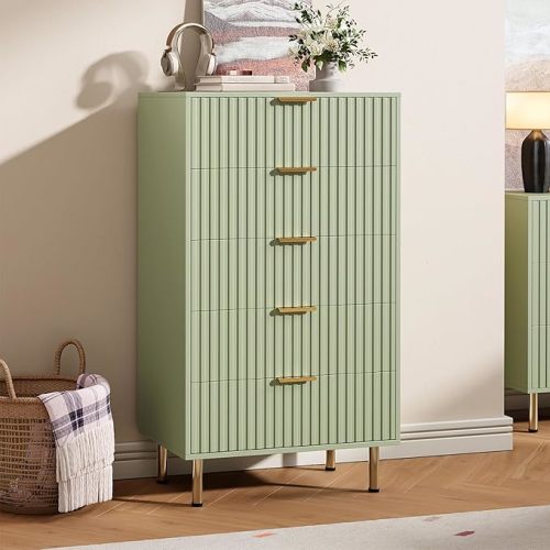 5 Drawer Dresser for Bedroom, 48" Tall Modern Chest of Drawers with Deep Drawers and Wide Top, Fluted Wooden Dresser Organizer for Living Room, Hallway, Kids Room, Green
